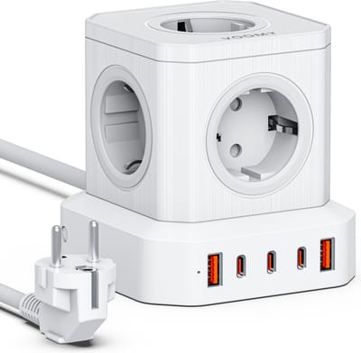 Voomy Cube 100W Stekkerdoos - 3 USB-C & 2 USB-A Poorten - 5 Stopcontacten - Aan / Uit schakelaar - Snellader voor Laptop, Telefoon & Tablet - Powercube - Oplader, Adapter, Verlengsnoer - Wit