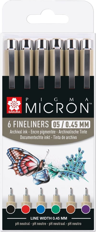 Fineliner sakura pigma micron 05 basic 6 kleuren | 6 stuks