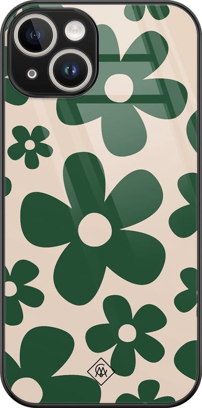 Casimoda® hoesje - Geschikt voor iPhone 13 - Retro Flowers Groen - Luxe Hard Case Zwart - Backcover telefoonhoesje - Groen