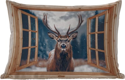 Buitenkussens - Tuin - Doorkijk - Hert - Dieren - Winterlandschap - Sneeuw - 50x30 cm