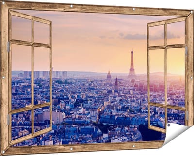 Gards Tuinposter Doorkijk Skyline van Parijs tijdens Zonsondergang - 150x100 cm - Tuindoek - Tuindecoratie - Wanddecoratie buiten - Tuinschilderij