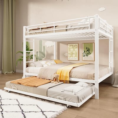 Pugsdrly Stapelbed 140*200 cm, bed met ijzeren frame, kinderbed, voorzien van een uitschuifbed, hoge zijhekken, zonder matras, wit