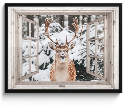 Poster in lijst - Fotolijst 70x50 cm - Posters - Doorkijk - Hert - Sneeuw - Winter - Bos - Dieren - Natuur - Posterlijst zwart - Decoratie - Wanddecoratie woonkamer - Muurdecoratie slaapkamer