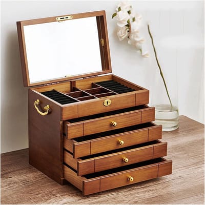 Houten Sieradenkist - Opbergdoos - Sieraden Organiseren - Met Zacht Fluweel - 29x19x25 cm - Blauw