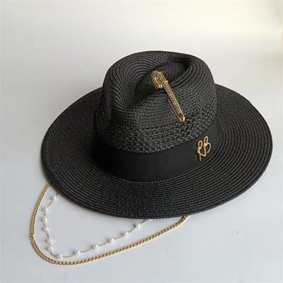 Chapeau de paille noir Chaîne de perles DIY Chapeau de soleil à dessus plat Nouveau chapeau coréen à bande élastique Chapeau de plage Chapeau de soleil couleur bonbon 56-58cm gray