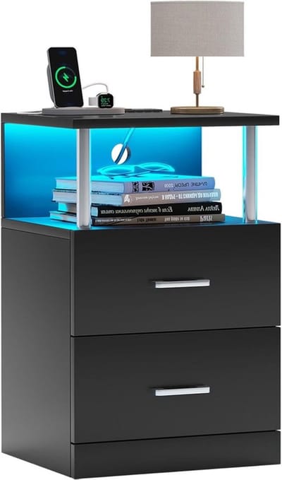 Nachtkastje met laadstation en ledverlichting - nachtkastje met open geheugen - 2 laden - 2 AC-stopcontacten - 2 USB-poorten - moderne bijzettafel voor slaapkamer (1 - zwart)