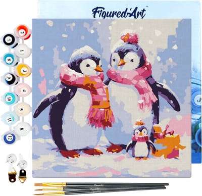 Figured'Art Mini Schilderen op Nummer Volwassenen 20x20cm met lijst Pinguïnfamilie in de Sneeuw - Klein Formaat Creatieve Hobby Kit DIY Art Nummer Compleet