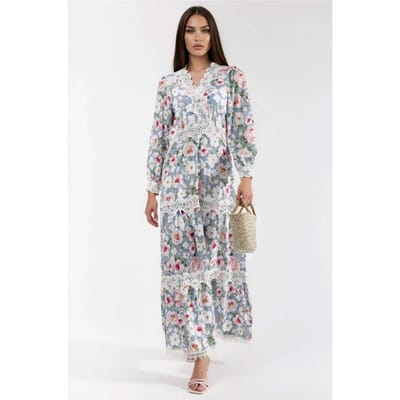 Maxi-jurk met V-hals en bloemenkantdetails