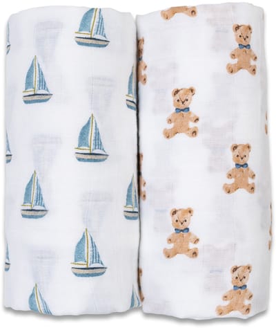 Lulujo - Hydrofiele Doek - Swaddle - Katoen - 100x100 cm - 2-pack - Vintage Teddy & Sailboats - Kraamcadeaus - Babydekens - Babycadeaus - Tetradoeken - Zwangerschapscadeau
