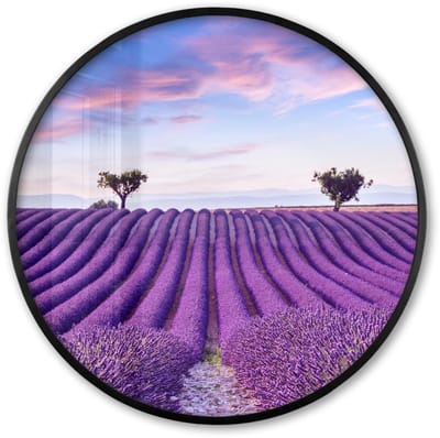 Poster in lijst Rond - Fotolijst 60x60 cm - Posters - Lavendel - Natuur - Paars - Bomen - Bloemen - Ronde posterlijst zwart - Decoratie - Wanddecoratie woonkamer - Muurdecoratie slaapkamer