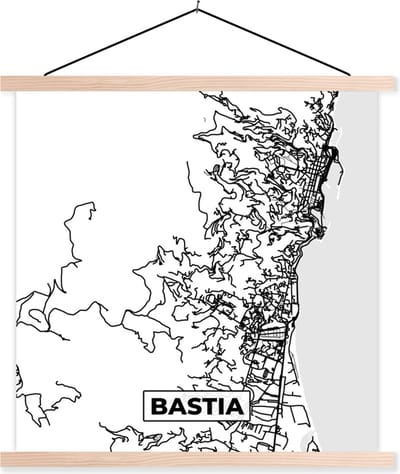 Posterhanger incl. Poster 40x40 cm - Schoolplaat - Frankrijk – Kaart – Plattegrond – Stadskaart - Bastia - Zwart wit - Textielposter - Blanke latten - Stadskaart