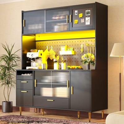 PHOEBE CAT Dressoir - Keukenkast - LED-verlichting - Glazen schuifdeuren - Magnetische deuren - Metalen poten - Zwart