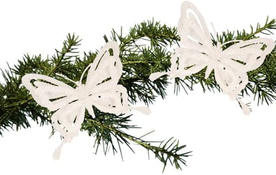 Kerstboomversiering Vlinder - 2x - 14 cm - wit glitter - op clip - ornament