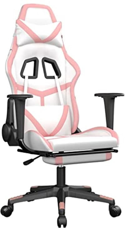 Gaming Chair met Voetsteun Kunstleer Wit en Roze - Verstelbare Racingstoel voor Gaming, TV en Kantoor