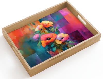 Dienblad hout 40x30 cm - Schootdienblad - Geometrische kleurvlaken - Modern - Fantasiebloemen - Borrelplank rechthoek - Plateau dienbladen