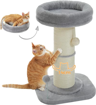 Famanu – Kattenkrabpaal -hoge binnenkattenkrabpaal met superdikke krabpaal Dia14 cm -afneembaar pluizig kattenbed -veerbal -grijs