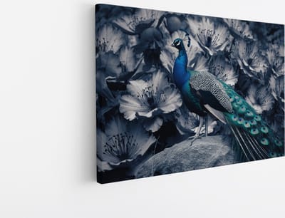 Saammp Canvas Schilderij - Pauw - Zwart-Wit - Dieren - Bloemen - 45x30 - Foto op canvas - Wanddecoratie - muurdecoratie Woonkamer - Slaapkamer decoratie - Canvas Print