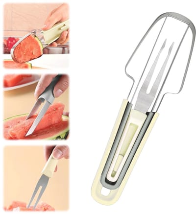 Dailygoody - Watermeloen-vorksnijder - 3-in-1 meloensnijder - Ergonomisch design - Beige - Watermeloenuitsteker - Handig voor camping