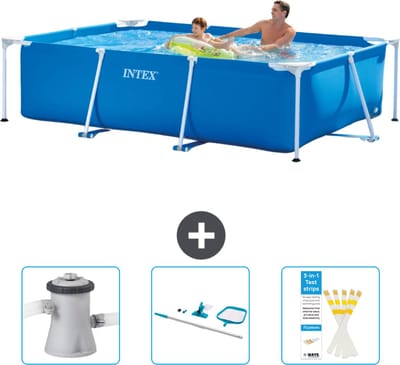 Intex Rechthoekig Frame Zwembad - 260 x 160 x 65 cm - Blauw - Inclusief Zwembadfilterpomp - Schoonmaakset - Testrips