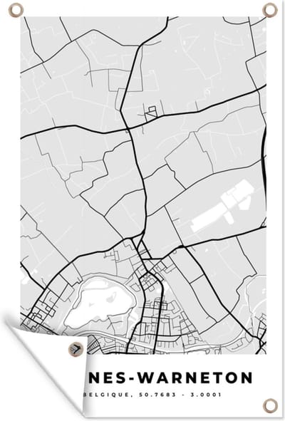 Muurdecoratie Zwart Wit – België – Plattegrond – Stadskaart – Kaart – Comines Warneton - 120x180 cm - Tuinposter - Tuindoek