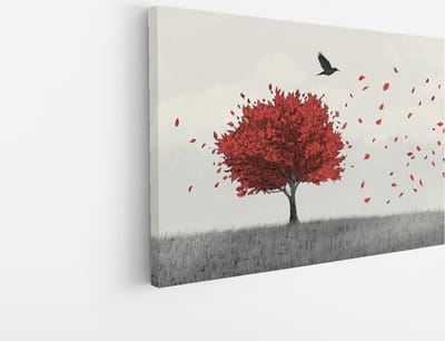 Saammp Canvas Schilderij - Vogel bij rode boom - Dieren - Bloemen - 30x20 - Foto op canvas - Wanddecoratie - muurdecoratie Woonkamer - Slaapkamer decoratie - Canvas Print