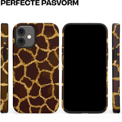 Casetastic hoesje geschikt voor Apple iPhone 12 Mini - Dubbellaagse bescherming - Afrikaanse Giraffenprint - Fashion Case - Zwart Bruin Goud Olijfgroen
