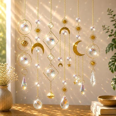 Raamkristal - 6 stuks- Hangende glazen zonvanger - Kristallen zonlichtvanger - dreamcatcher - Zonlichtvanger- crystal Moon Suncatcher - zonnehanger - Cadeaus voor vrouwen - voor ramen, huis, tuin, Kerstmis, dag, feest, bruiloft - Goud