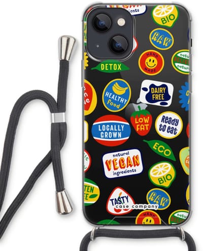 Case Company® - Hoesje met koord geschikt voor iPhone 13 hoesje met Koord - Fruitsticker - Telefoonhoesje met Zwart Koord - Bescherming aan alle Kanten en Over de Schermrand