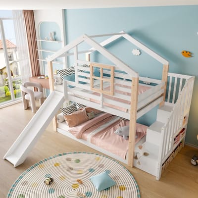 Sweiko Stapelbed - 90x200 cm - Met glijbaan - Kinderbed - Massief hout + MDF - Opbergruimte - Wit + Natuurlijke