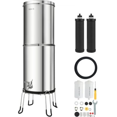 VEVOR Gravity Waterfiltersysteem 12,3 L, roestvrij staal 304. Dit waterfiltersysteem reduceert lood en tot 99% chloor, en is voorzien van 2 actieve koolfilters, 2 fluoridefilters, een kraan en een standaard.