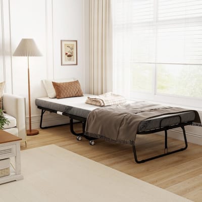 MODFU Logeerbed 90x200 cm – Wit – Inklapbaar met matras & 4 wielen (2 met rem) – 150 kg