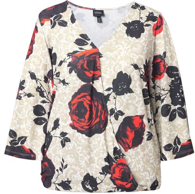 Ulla Popken - Dames - T-shirt rozen wikkellook 3/4-klokmouwen - Off-white - Maat 42+