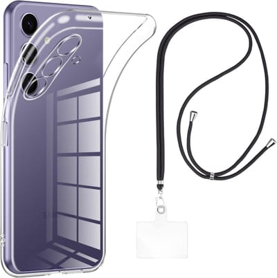 Set met hoesje en nekband voor Samsung Galaxy s24 plus - Flexibele, transparante TPU-bescherming, verstelbare universele nekband voor mobiele telefoons, zwarte nekband, transparante draagriem van Phonillico®