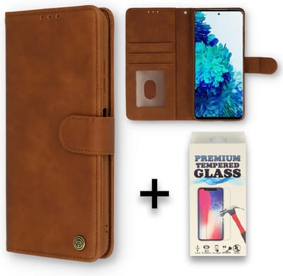 Casemania Hoesje Geschikt voor Samsung Galaxy S21 FE Sienna Brown & Glazen Screenprotector - Luxe Portemonnee Book Case - Kaarthouder & Magneetlipje