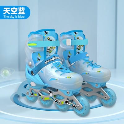 Nouveaux Patins à Roues Alignées pour Enfants, Hommes et Femmes, Patins Professionnels Entièrement Lumineux Réglables, Patins à Roues Alignées à Simple Rangée, Roues en PU M (size 33-37) bleu