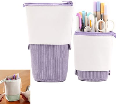 KZQ Uitschuifbaar pennenetui van PU corduroy - Transformeerbare stand-up organizer met kleurrijk design - Geschikt voor studenten - Paars