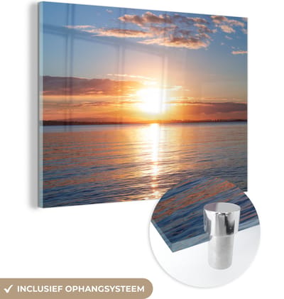 MuchoWow® Glasschilderij 160x120 cm - Schilderij acrylglas - Zee - Zon - Kleuren - Foto op glas - Muurdecoratie woonkamer - Wanddecoratie slaapkamer - Schilderijen