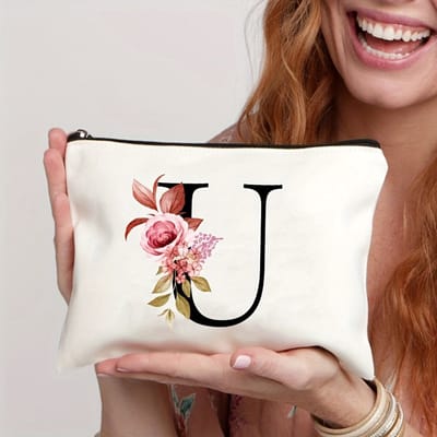 Gepersonaliseerde make-up tasjes van A tot Z - Verjaardagscadeaus - Unieke cadeaus voor bruiden en bruidsmeisjes, met bloemenmotieven, geschikt als bedankjes en voor het organiseren van cosmetica,letter U