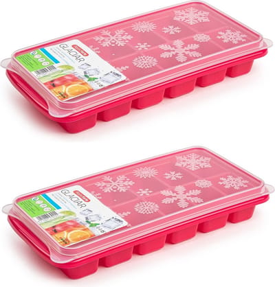 Plasticforte Tray met ijsblokjes - 2x - ijsklontjes vormpjes - 12 vakjes - kunststof - roze - 26 x 12 cm