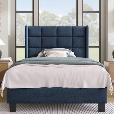 Modern Enkelbed 90x200cm - Gepolst kopstuk, linnen, blauw, lattenbodem (zonder matras)
