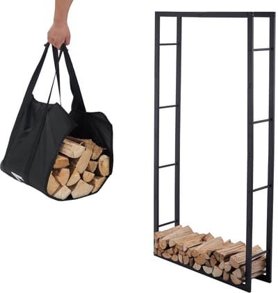 Online brandhoutrek voor binnen en buiten - Houtopslag met draagtas - Stevige metalen haardhout opslag (100x25x196cm)