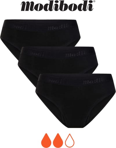 Modibodi Menstruatie Ondergoed Normaal Absorberend Tiener Hipster Bikinislip 3-Pack Zwart Y10-12