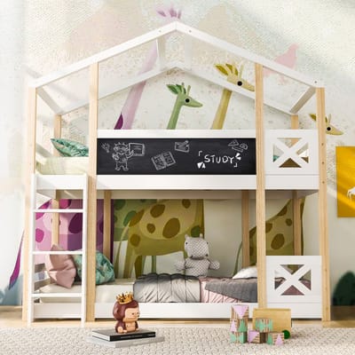 Wishdor Hoogslaper 90x200 cm – Boomhutvorm met Dak – Trap en Krijtbord – Massief Hout en MDF – Wit