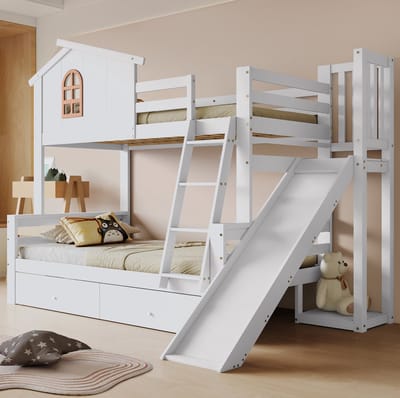 COVREO Stapelbed 90x200 en 120x200 cm wit met glijbaan zonder matras