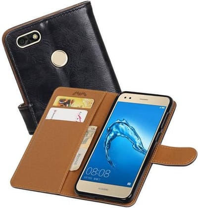 Zakelijke Book Case Telefoonhoesje Geschikt voor de Huawei P9 Lite Mini - Portemonnee Hoesje - Pasjeshouder Wallet Case - Zwart