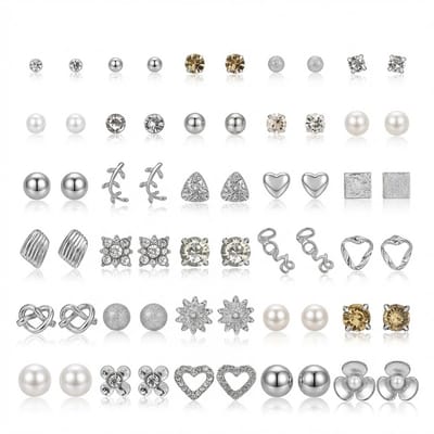 30 Paar Zilverkleurige Dames oorbellen Set – Oorstekers met Hartjes, Sterren, Parel-look, Zirkonia en Geometrische Designs