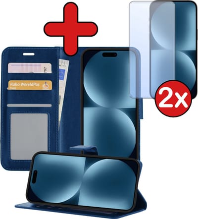Hoesje - Met 2x Screenprotector - Geschikt voor Apple iPhone 15 - Luxe Pasjeshouder - Flip Case - Bookcase Portemonee - Kunstleer Book Case - Flipcase Hoes - Book Cover - Walletcase - Portemonneehoes - Telefoonhoes - Donkerblauw