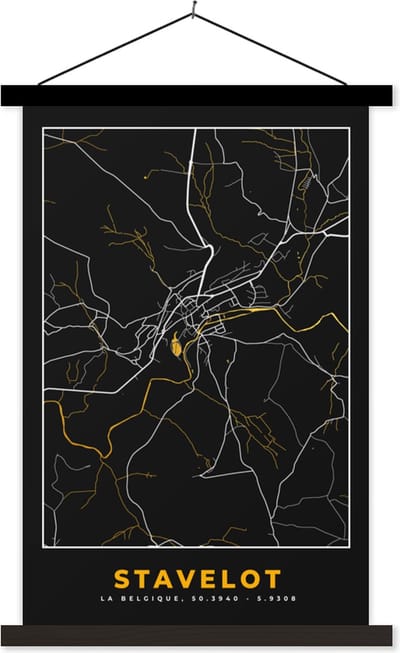 Posterhanger incl. Poster 40x60 cm - Schoolplaat - Goud - Stadskaart - Plattegrond - Stavelot - Kaart - Textielposter - Zwarte latten - Stadskaart