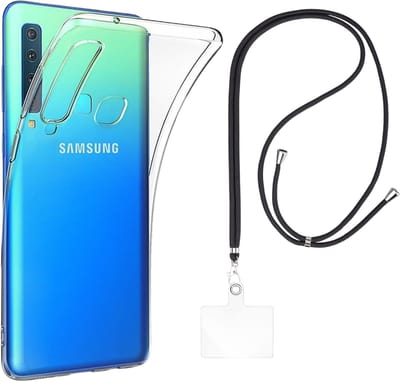 Set met hoesje en nekband voor Samsung Galaxy a9 2018 - Flexibele, transparante TPU-bescherming, verstelbare universele nekband voor mobiele telefoons, zwarte nekband, transparante draagriem van Phonillico®