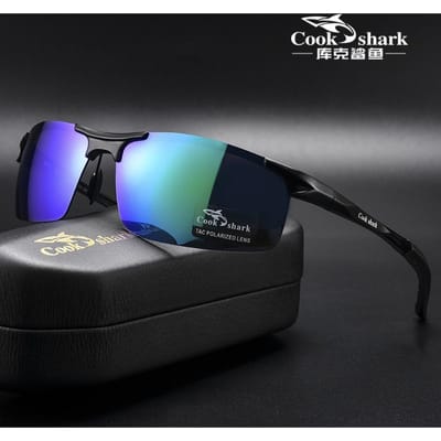 De nieuwe aluminium magnesium zonnebril van Cook Shark, heren zonnebril HD gepolariseerd, autorijden, gekleurde bril, Tide CHINA&black blauw